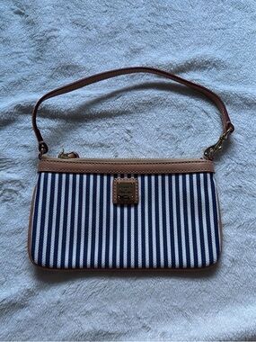 Dooney & Bourke Navy and White Striped Wristlet with Tan Trim
